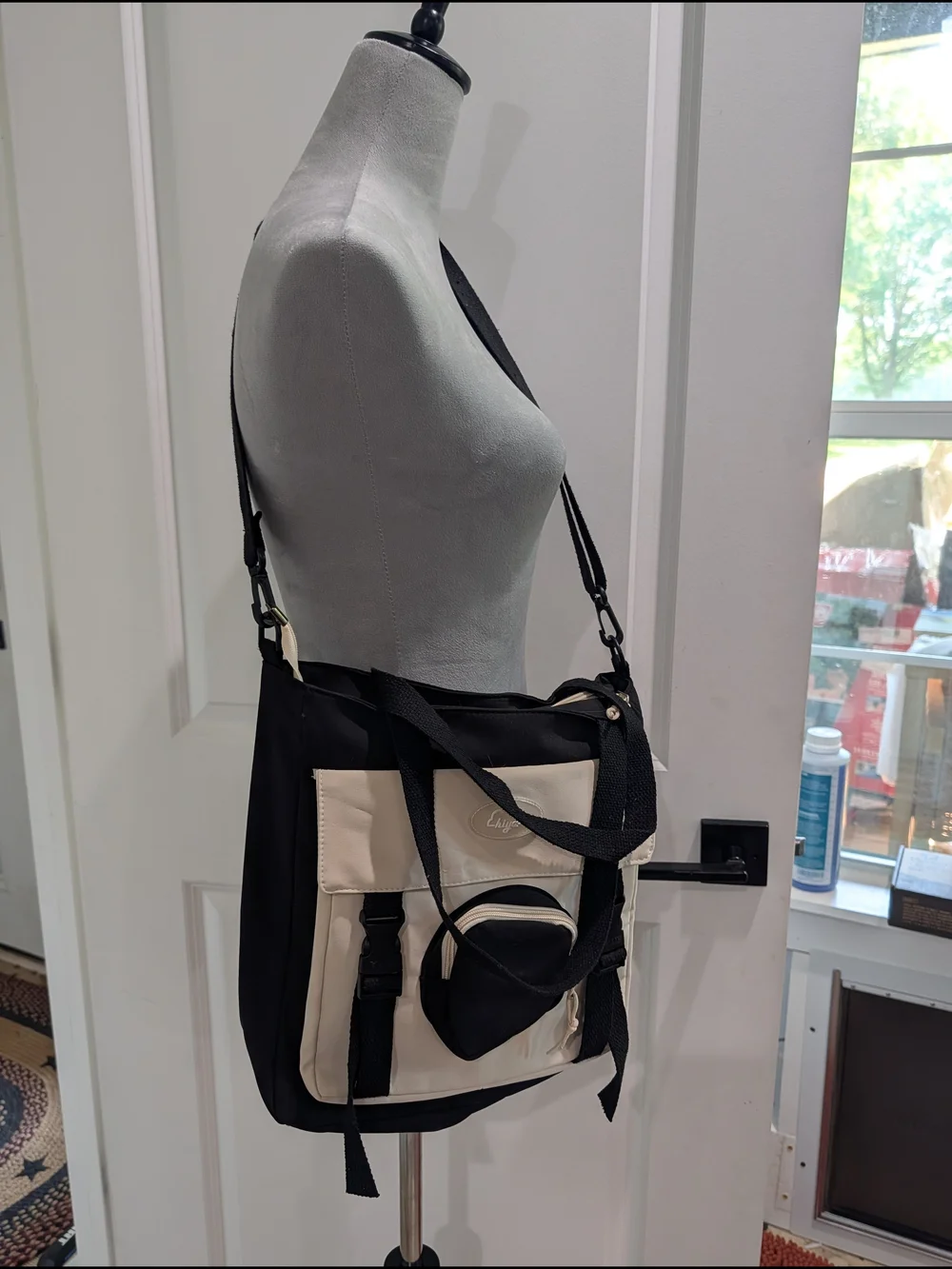 Unbranded Black and Cream Canvas Messenger Bag with Front Pouch